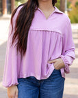 Corded V-Neck Bubble Sleeve Babydoll Blouse