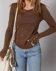 Solid Ribbed Knit Buttoned Long Sleeve Top