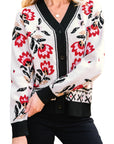 Floral Knit Button-Front V-Neck Cardigan