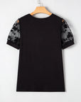 Floral Mesh Patchwork Puff Sleeve T-Shirt