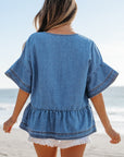 Liv Denim Ruffled Sleeve Lace up Front Peplum Top