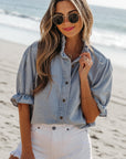 Aya Ruffle Short Puff Sleeve Summer Chambray Top