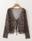 Leopard Sheer Mesh V-Neck Lace-up Top