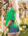 Ayah Floral Tie Split Neck Short Sleeve Blouse