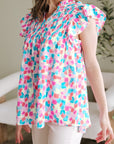Abstract Shirred Ruffle Sleeve Blouse