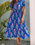 Floral Puff Sleeve V-Neck Midi Dress