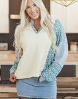 Floral Stripe Collared V-Neck Drop Sleeve Sweatshirt
