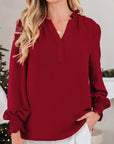 Solid Notched Neck Shirred Cuff Long Sleeve Blouse