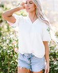 Priscilla Embroidered Puff Sleeve Notched Neck Blouse