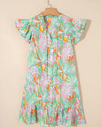 Abstract Floral Ruffle Buttoned Dress