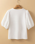 Solid Textured Round Neck Puff Sleeve Blouse