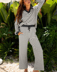 Stripe Collared Top and Drawstring Pants Set