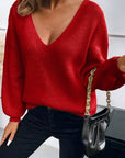Bow Back Lantern Sleeve V-Neck Sweater
