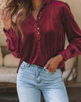 Gwynn Frilled Neck Buttoned Front Velvet Top
