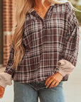 Plaid Quarter-Button Patchwork Long Sleeve Hooded Blouse