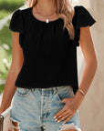 Pleated Flounce Sleeve Textured Blouse