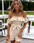 Ruffled Off Shoulder Jumpsuit With Ribbon Tie Waist
