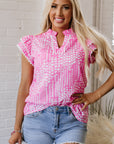 Cynthia Ric Rac Trim Flutter Sleeve Notch V Neck Blouse