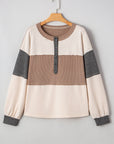 Colorblock Waffle Knit Patchwork Henley Top