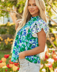 Elsa Floral Lace Trim Ruffle Sleeve Pleated Loose Blouse