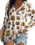 Baha Ranch Vintage Cowgirl Collage Western Print Long Sleeve Top