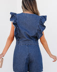 Amora Denim Ruffled Zipped Front Belted Romper