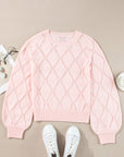 Molly Openwork Plaid Puff Sleeve Cropped Sweater