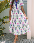 Floral Puff Sleeve V-Neck Midi Dress
