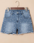 Amelie Pearl Beaded Raw Hem Medium Wash Denim Shorts