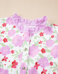 Floral Stripe Trim Frilled Neck 3/4 Sleeve Dress