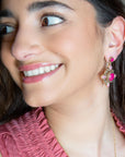 Embellished Pink Quartz Golden Post Drop Earrings