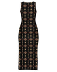 Black and Tan Aztec Sleeveless Bodycon Side Slit Maxi Dress