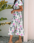Floral Puff Sleeve V-Neck Midi Dress