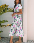 Julietta Floral Puff Short Sleeve V Neck High Waist Maxi Dress