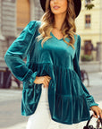 Velvet V-Neck Puff Sleeve Peplum Blouse