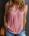 Savan Button Split Neck Ruffled Trim Tank Top