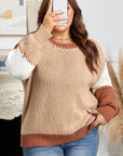 Plus Size Colorblock Knit Contrast Stitch Crewneck Sweater