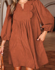 Corduroy Pleated Scallop Neck 3/4 Sleeve Mini Dress