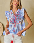 Ariya Stripe Geo Pattern Embroidered Tassel Flutter Blouse