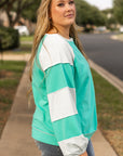 Aruba Blue Colorblock Patchwork Cross Seam Plus Sweatshirt