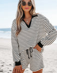 Alivia Stripe Collared Top and Drawstring Shorts Set