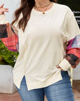 Beige Plus Size Multicolor Plaid Patchwork Sleeve Pullover Top