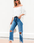 Bellamy Frilly Off Shoulder Lace Insert Sleeve Textured Blouse