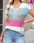 Colorblock Notched V-Neck Sweater T-Shirt