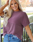 Alessandra Plain Corded Knit Mock Neck T Shirt