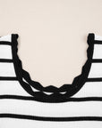 Stripe Scalloped Scoop Neck Ribbed Knit Sweater