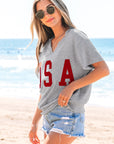 USA Patch Notched Neck Loose Tee