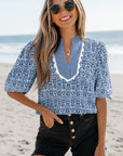 Alayah Floral Striped Ric-rac Puff Sleeve Top