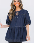 Gracelyn Puff Sleeve Lace-up Neckline Denim Blouse