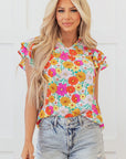 Leslie Floral Shirred Tiered Ruffled Sleeve Blouse